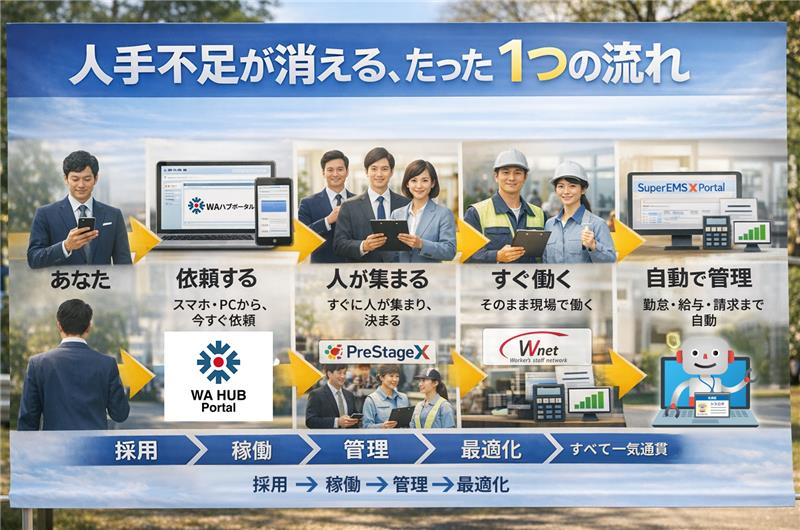 SYSPRO OPS サービスフロー:依頼→採用→現場接続→稼働管理→最適化